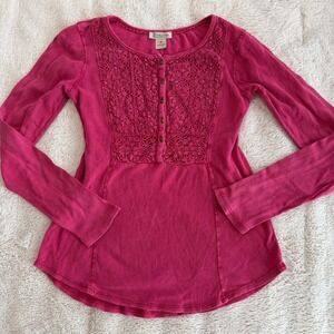 Lucky Brand Womens Pink Waffle Knit Thermal Crochet Lace Henley Top M Y2K